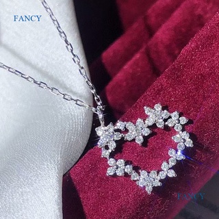 Fancy สร้อยคอแฟชั่น จี้รูปหัวใจ ดอกไม้ ประดับเพทาย สีขาว หรูหรา สําหรับผู้หญิง