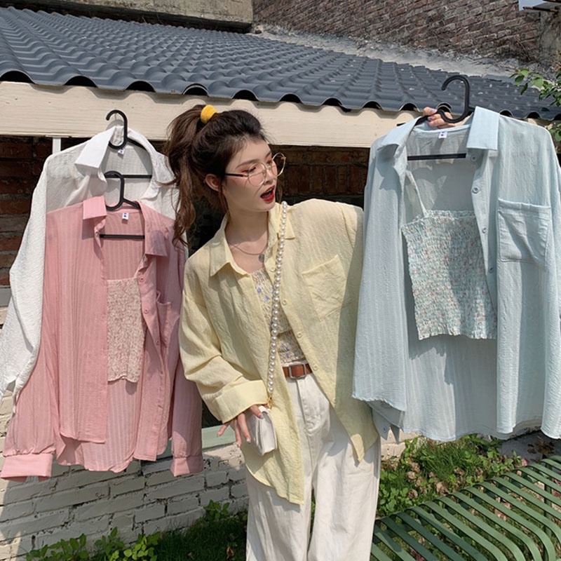 เซต2ชิ้น เสื้อเชิ้ตแขนยาวสีพื้น + สายเดี่ยวสม็อคแต่ลายดอกไม้ งานแซ่บ เสื้อกันแดดฝรั่งเศส