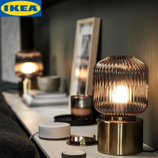 IKEA SOLKLINT ซูลคลินท์ โคมไฟตั้งโต๊ะ, ทองเหลือง/กระจกใสสีเทา28 ซม.หลอดไฟแยกจำหน่าย LED E27 โคมไฟให้แสงนุ่มๆ