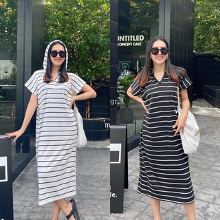 🌈🌿🌺🌼🌸🧡🤎🇰🇷Cotton Stripe Hood Maxi Dress