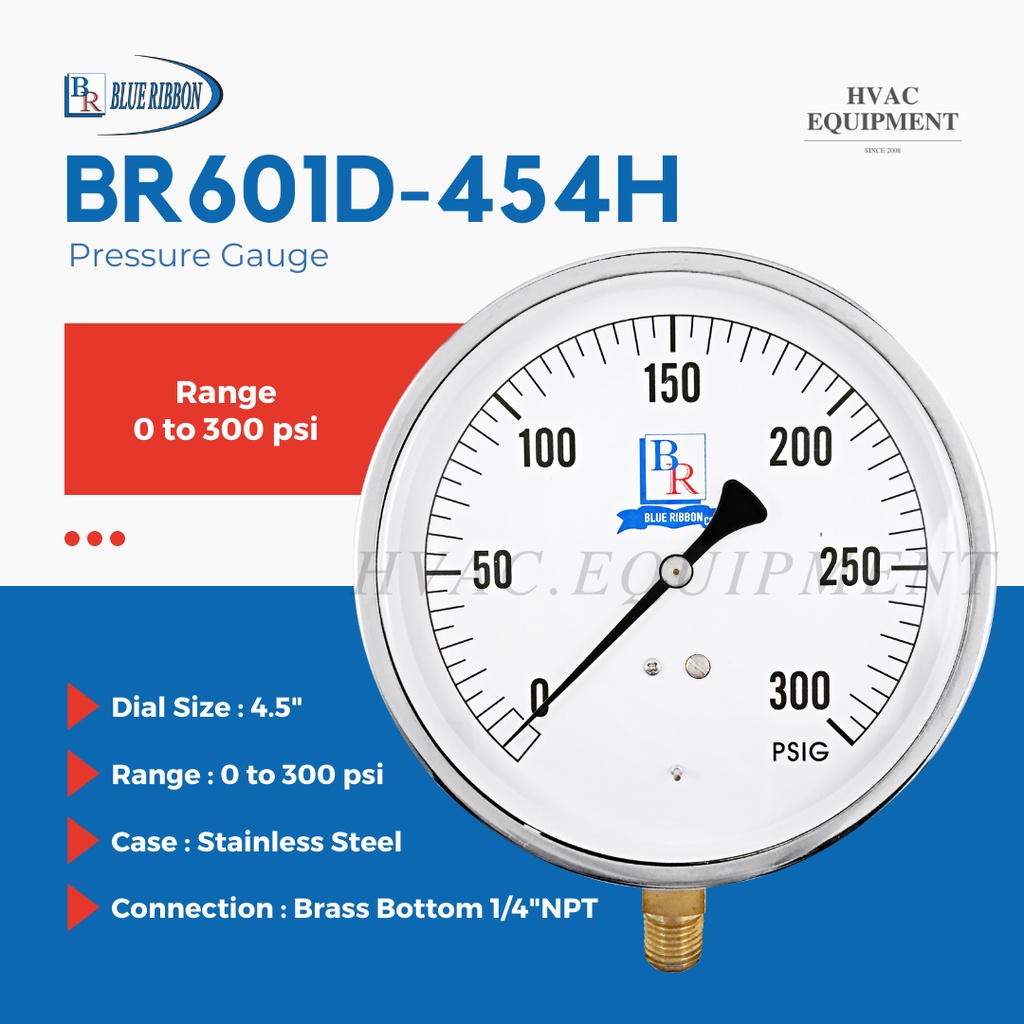 BR601D หน้าปัด 4.5 นิ้ว หน่วย psi เกลียวออกล่าง 1/4"NPT Pressure Gauge เกจวัดแรงดันแบบแห้ง ยี่ห้อ Blue Ribbon