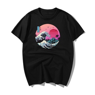 เสื้อยืดผ้าฝ้าย ระบายอากาศ พิมพ์ลายอนิเมะ Big Wave Vaporwave GildanS-5XL