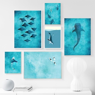 โปสเตอร์ภาพวาดผ้าใบ รูปปลาวาฬ ปลาฉลาม Manta Rays Surf Sea สีฟ้า สําหรับตกแต่งผนัง ห้องนั่งเล่น