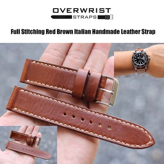 สายนาฬิกา สายหนังวัว overwrist full stitching red brown italian handmade leather strap