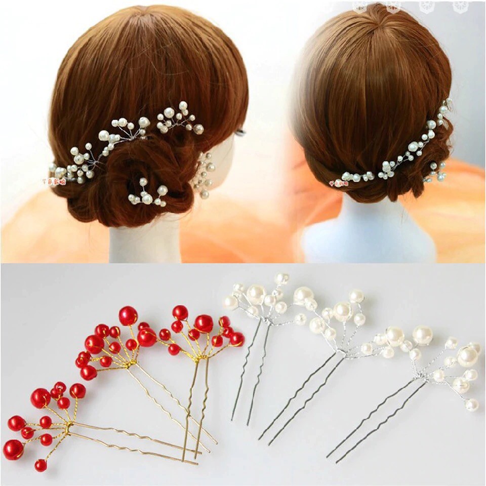 ปิ่นปักผมประดับไข่มุก สีขาว สีชมพู - White Pearl  Bridal Hairpin
