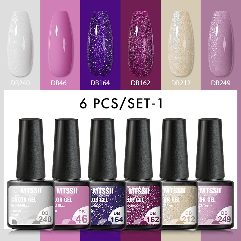 MTSSII 6 ชิ้น/เซ็ตสีเจลชุด Glitter สีสัน Soak Off Manicuring UV เจลเล็บเคลือบเงา 6ml