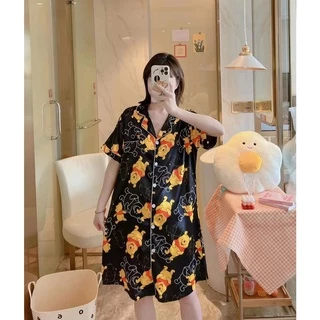 B222★ส่งจากไทย★ชุดนอนซาตินกระโปรงเดรส สีพื้นแฟชั่นสไตล์เกาหลี ลายน่ารัก