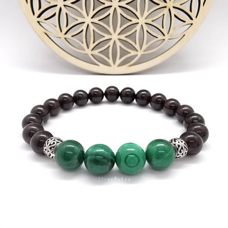 สร้อยข้อมือหินมาลาไคต์ร้อยกับหินโกเมน Malachite+Garnet