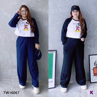 PP16067 Set #Bigsize เสื้อครอปแขนยาวสกรีนลายการ์ตูน+กางเกงขายาว