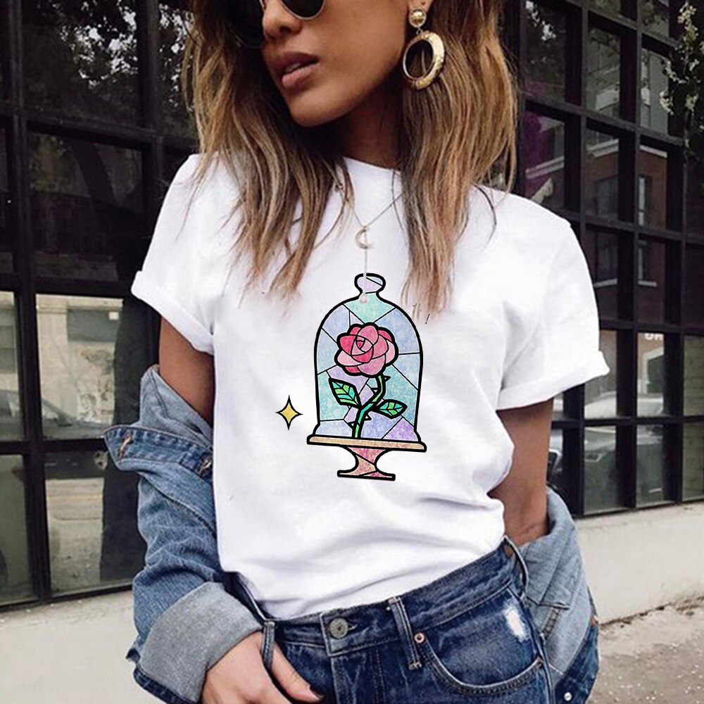 เสื้อยืด Summer Clothes Casual Women Tee Hip Hop O-Neck Streetwear Beauty And The Beast Rose Print C