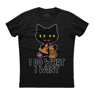 เสื้อยืดแขนสั้น ผ้าฝ้าย พิมพ์ลาย I Do W I Want Cat Eating Pizza สีดํา สําหรับผู้ชาย