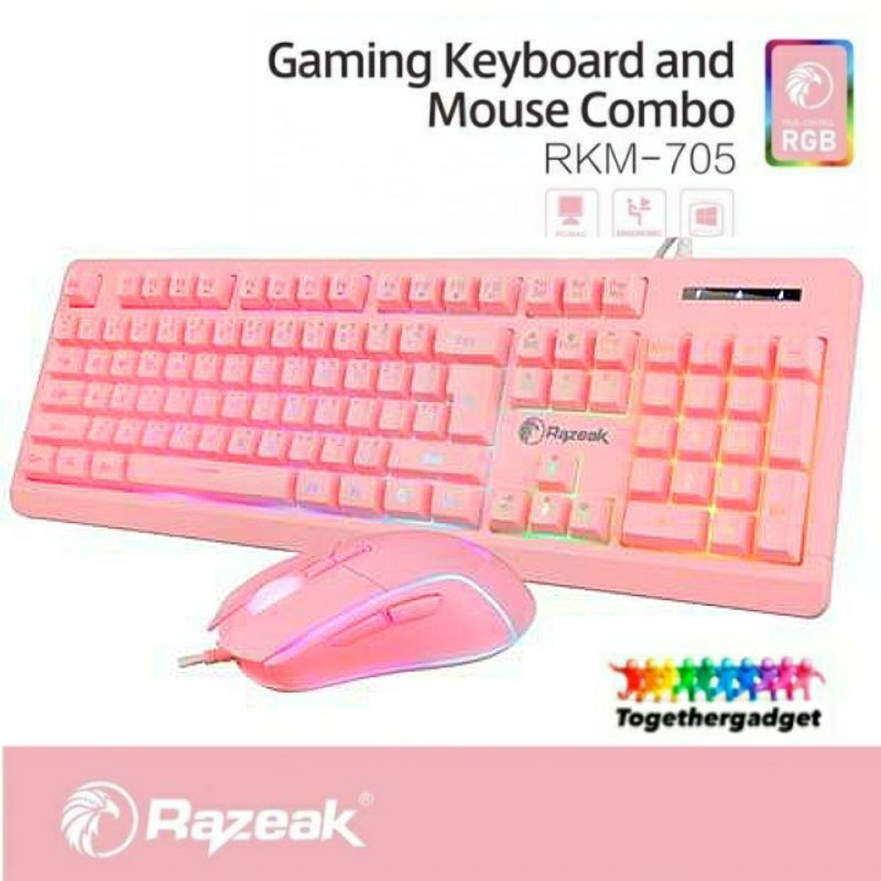 Razeak RKM-705 Keyboard+Mouse Combo ชุดมีไฟเมาส์คู่คีย์บอร์ด สีชมพูทั้ง ...