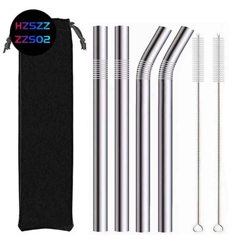 4Pcs Sier 12mm Reusable Metal Straws with 2 Brush 304 Stainless Steel Straws Set Bar Drinking Bent Straw Large Caliber