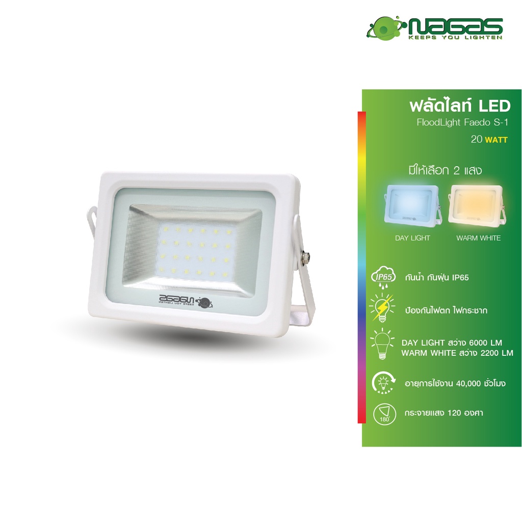 NAGAS โคมไฟ สปอร์ตไลท์ LED รุ่น Faedo S-1 20 Watt สีขาว IP65 ประหยัดไฟ Spotlight ( 1 ชิ้น )