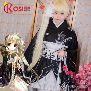 อะนิเมะ Yosuga NO Sora Kimono COSPLAY เครื่องแต่งกาย Yukata ชุดแม่บ้านหวาน Lolita Maid Kasugano Sora สีดำ Kimono ชุดคอสเ