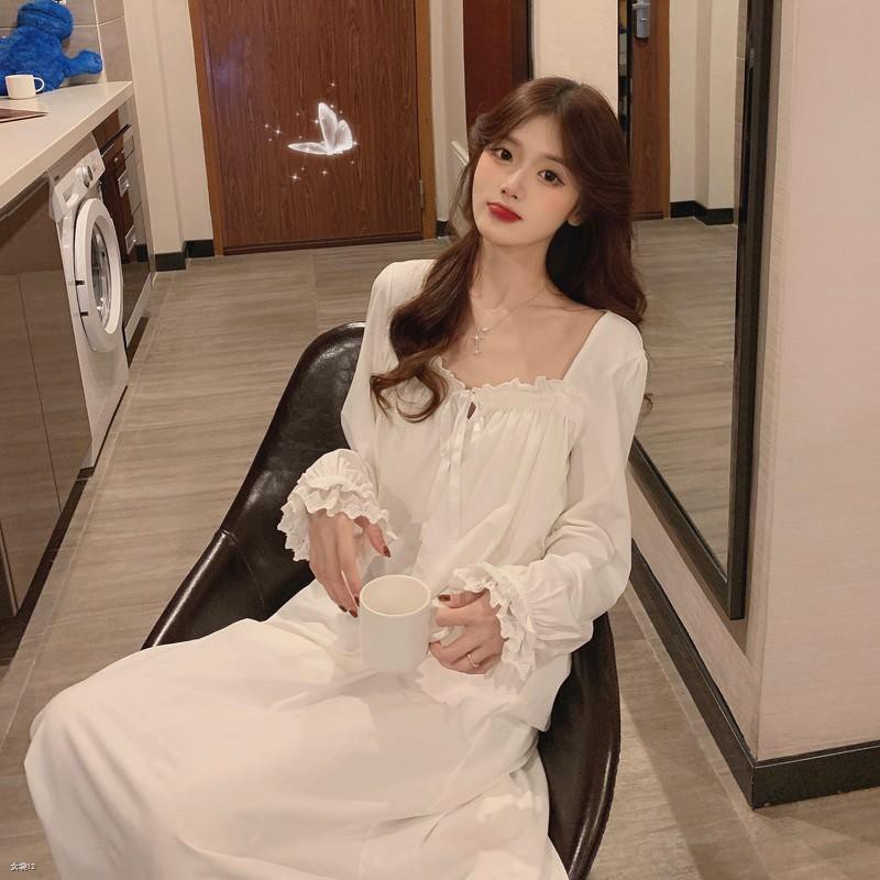 ผ้านุ่ม ❐พร้อมส่ง DayDu ชุดนอน ผู้หญิง ชุดนอนเดรสลูกไม้แขนยาวสไตล์เกาหลีคุณหนูสีขาวผ้านิ่มใส่สบายไซส์ใหญ่ M-XXL