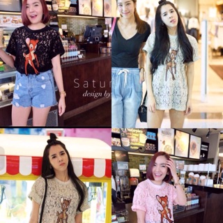 พร้อมส่ง   เสื้อแขนสั้นผ้าลูกไม้แต่งด้วยงานปักเลื่อมฟรุ้งฟริ้งมากๆคะลายกวางน้อยน่ารัก งานเนี๊ยบดูน่า