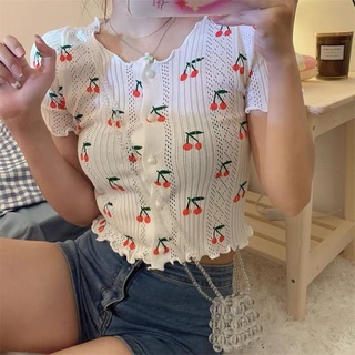 เสื้อสเวตเตอร์ติดกระดุมขอบเห็ดหวาน เวอร์ชั่นเกาหลี ท็อปเชอร์รี่🍒🍒