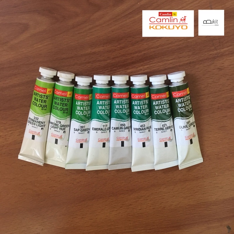 สีน้ำคุณภาพเกรด Artist  Watercolor แบรนด์ Camel ( Camlin ) จากประเทศอินเดีย ( โทนเขียว )