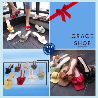 GRACE โบว์เล็กSET 2 รองเท้าผู้หญิง ไซส์ 36-43 รองเท้าเปิดส้น แตะส้นสูง  2 นิ้ว รองเท้าแฟชั่น น่ารัก คาดโบว์ ไซส์42, 43