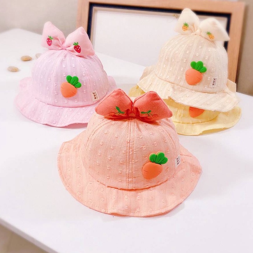 [พร้อมส่ง] หมวกเด็ก 4 เดือน-2ปี รอบหัว:48-50 cm. หมวกเด็กหญิงปีกรอบติดแครอท หมวกบักเก็ตแฟชั่น