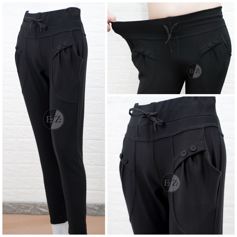 กางเกงจินนี่ กระเป๋าจีบ ขายาวดำล้วน ใส่ทำงาน ผ้ายืดเกาหลี ฟรีไซส์ เอวรูด 927