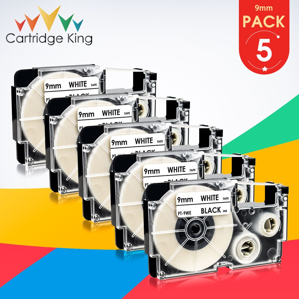 5PK Casio XR-9WE Label Tape Black on White 9mm*8m Compatible for Casio KL-60 KL-120 KL-300 CW-L300 K