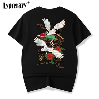 T-shirt  Lyprerazy เสื้อยืดแขนสั้น ปักลายนกกระเรียน สไตล์จีน แฟชั่นฤดูร้อน สําหรับผู้ชาย 2022S-5XL