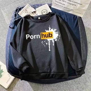 Sweatshirt เสื้อแขนยาวคอกลม สีดำ จั๊มแขนและปลายเสื้อ งานป้าย สกรีนด้านหน้า Pornhub