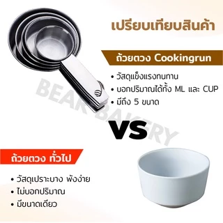 ถ้วยตวงสแตนเลส(5 ชิ้น) Bearbakery ชุดตวงสแตนเลสหนาอย่างดี เกรดพรีเมี่ยม ถ้วยตวงขนม