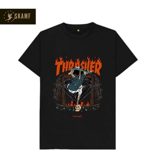 เสื้อยืดผ้าฝ้ายพิมพ์ลายขายดี เสื้อยืด พิมพ์ลายเปลวไฟ สีดํา | เสื้อ Megazine THRASHER | เสื้อยืด Megazie สีดํา