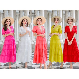 hbstation.shop เสื้อผ้าผู้หญิง Maxxi Dress สีชมพูเข้ม ขาว เหลือง แดง โอรส พร้อมส่ง