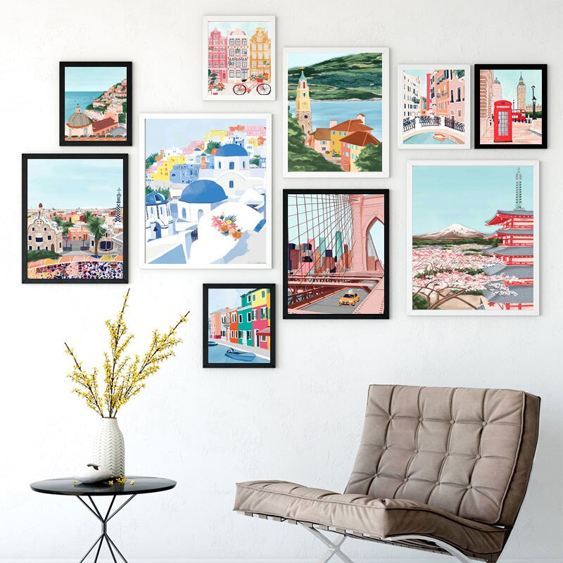 สีสันทาสีเมืองที่มีชื่อเสียงภูมิทัศน์ Wall Art London Paris โตเกียวผ้าใบภาพวาดอาคารโปสเตอร์ภาพสําหรับห้องตกแต่งบ้าน