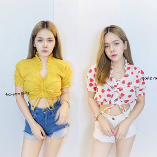 เสื้อรูดหน้า คอระบาย Cute🍓