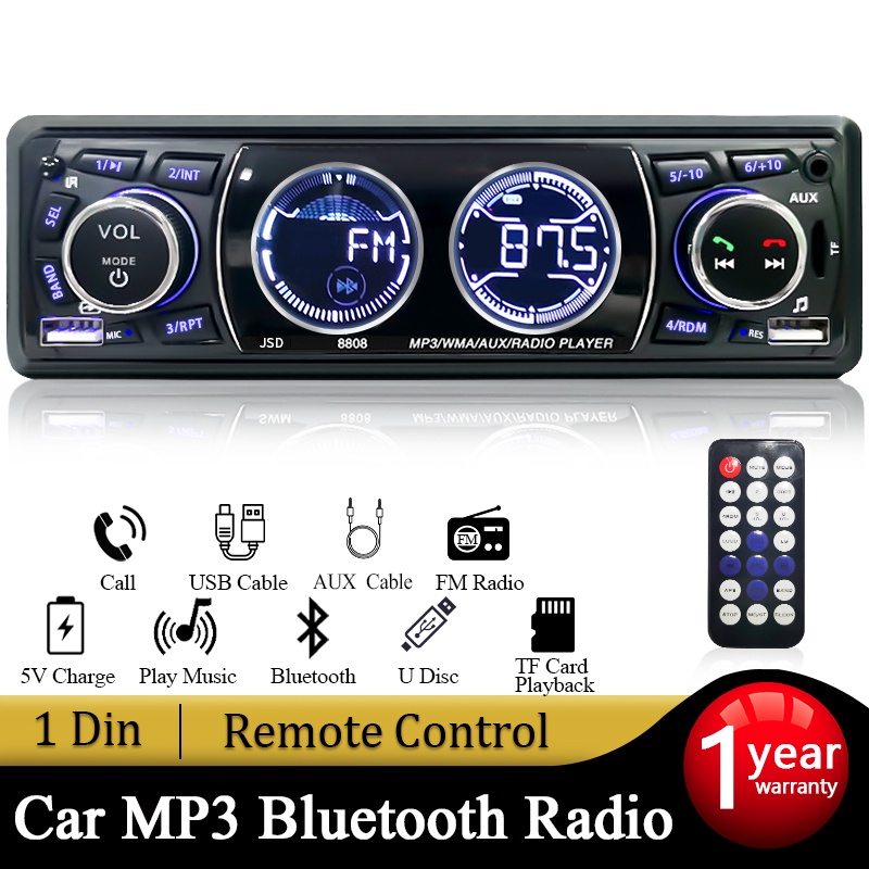 Sinovcle เครื่องเล่น MP3 วิทยุ FM บลูทูธ 1din 60Wx4 รองรับการชาร์จโทรศัพท์ AUX USB การ์ด TF สําหรับรถยนต์