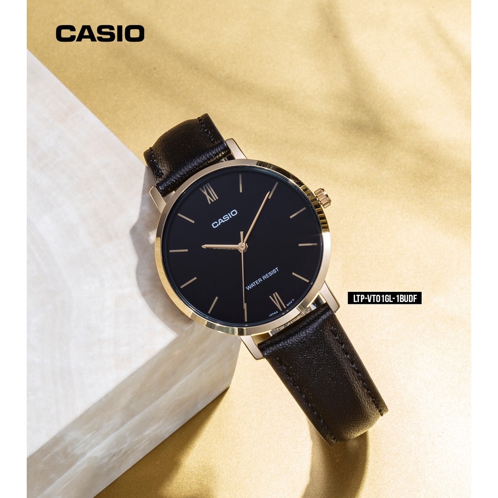 นาฬิกา นาฬิกาผู้หญิง นาฬิกา Casio รุ่น LTP-VT01GL-1B นาฬิกาผู้หญิง สายหนังสีดำ ขอบหน้าปัดทอง ของแท้ 100% รับประกันสินค้า