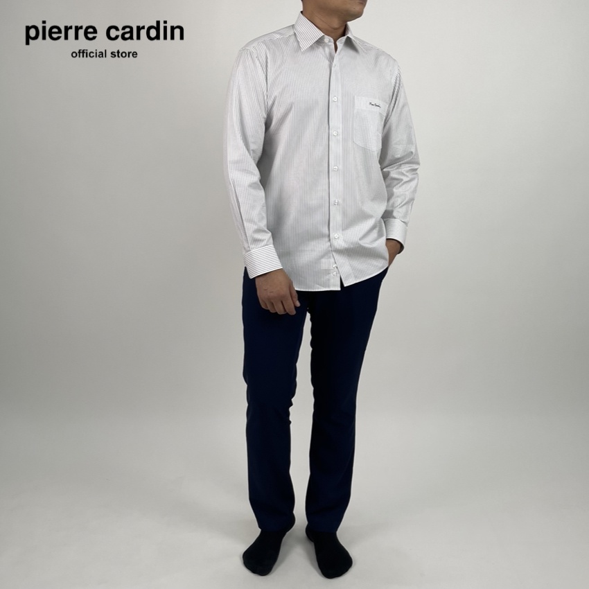 Pierre Cardin เสื้อเชิ้ตแขนยาว Easy Care Plus รีดง่ายยับยาก Basic Fit รุ่นมีกระเป๋า ผ้า Cotton 100% [RHT4899-GY]