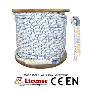 เชือกโรยตัว Static Rope License สีขาว/น้ำเงิน White -Blue ขนาด 11มม.ยาว 100 เมตร (มีห่วงหัว-ท้าย )