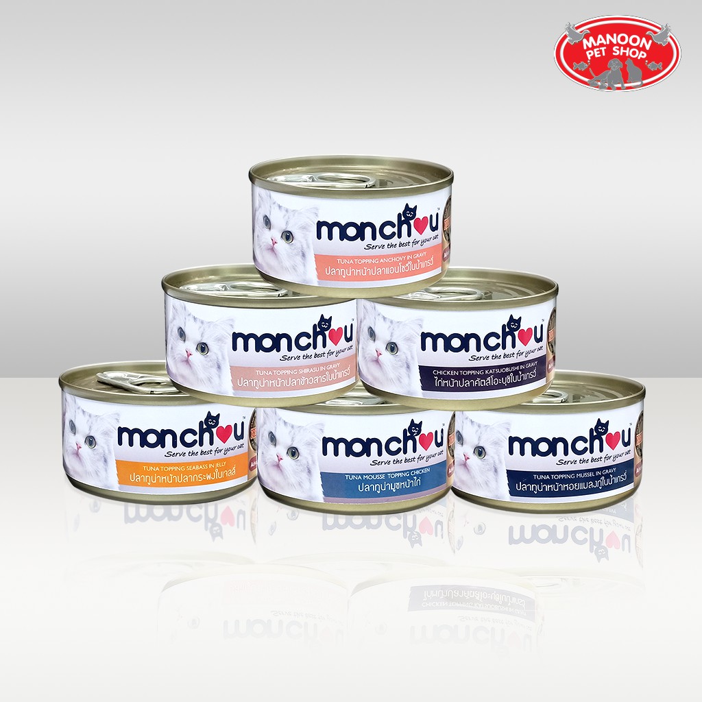 สินค้ารวมส่งฟรี⚡ [MANOON] Monchou Can Adult Cat Food All Flavor 70g อาหารแมวชนิดเปียกบรรจุกระป๋อง ❤️ Tuna Top Seabass?COD.เก็บเงินปลายทาง