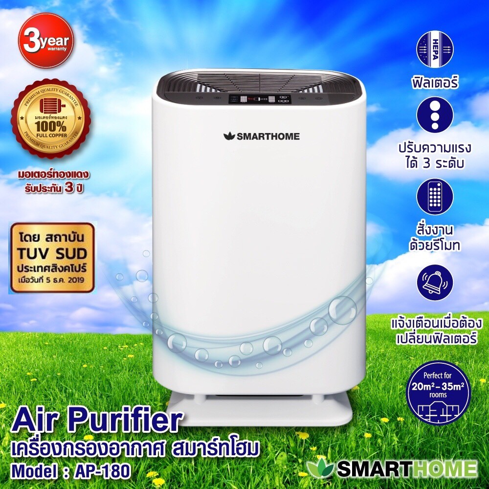 (สินค้าพร้อมส่ง)เครื่องกรองอากาศ PM2.5  Smarthome  AP-180 ขนาดห้อง 20-35 ตรม.(รับประกัน 3 ปี)kty