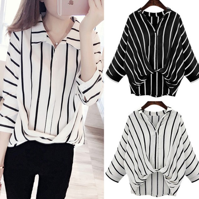 💥พร้อมส่ง 💥เสื้อเชิ้ตแขนยาว คอปก ชีฟองแขนยาว ลายทางขาวดำ Stylish Stripe Women Classic Blouse Top Shirt