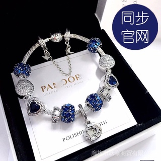 Pandora ของแท้ 100% สร้อยข้อมือเงิน 925 ประดับคริสตัล รูปเกล็ดหิมะ สีฟ้า สําหรับผู้หญิง ของขวัญวันเกิด