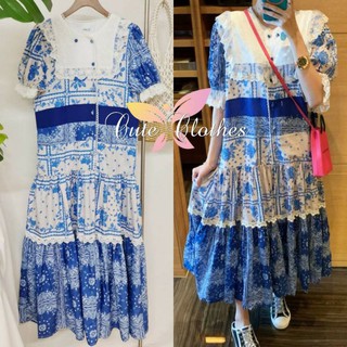 Dress korea style  เดรสพิมพ์ลายผ้าเช็ดหน้า ช่วงอกแต่งลูกไม้ฉลุ เย็บยางสม็อคเส้นเล็ก