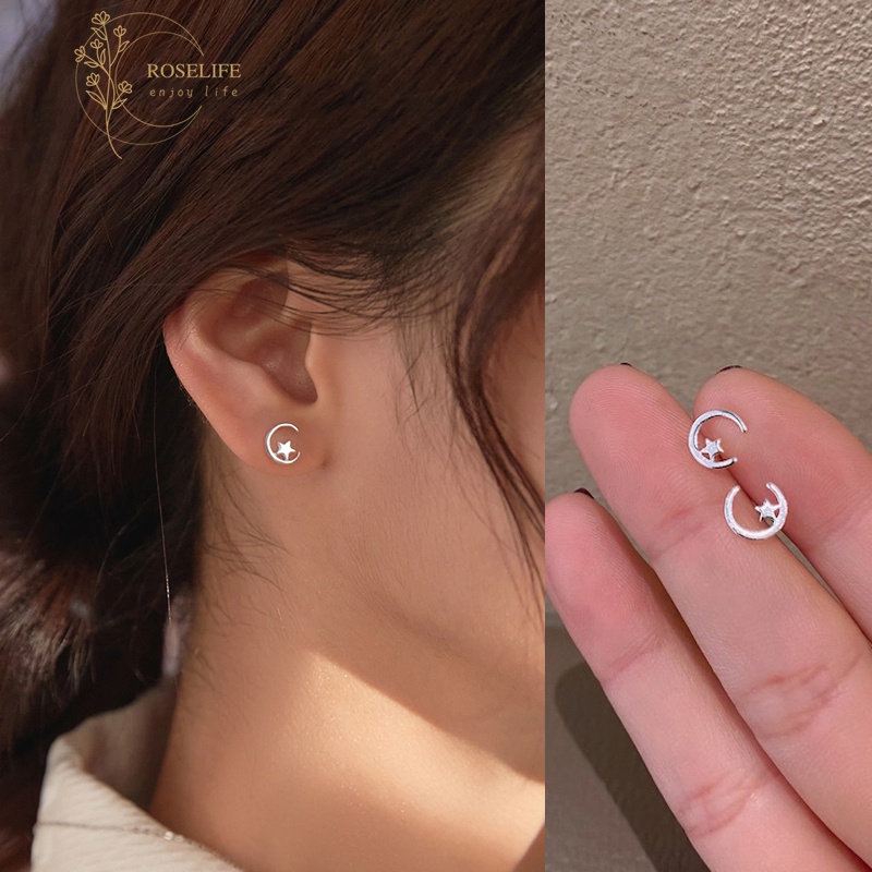 Roselife ต่างหูเงิน S925 รูปดวงจันทร์ดาวขนาดเล็ก 1 คู่