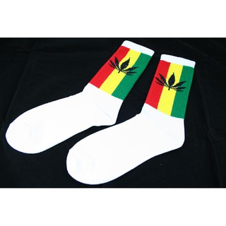 สินค้าราสต้า Long Socks White  Leaf Rasta Stripes ถุงเท้า RASTA แบบยาว สีขาวสีสัญลักษณ์ราสต้า