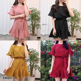 &lt;TW8917&gt;Dress เดรสสั้นแขนระบาย สีพื้นผ้าซาร่า งานเดรสสั้นสุดน่ารัก ชายเดรสระบาย มีสายผูกเอวเป็นโบว์เก็บทรงชุดสวยๆ