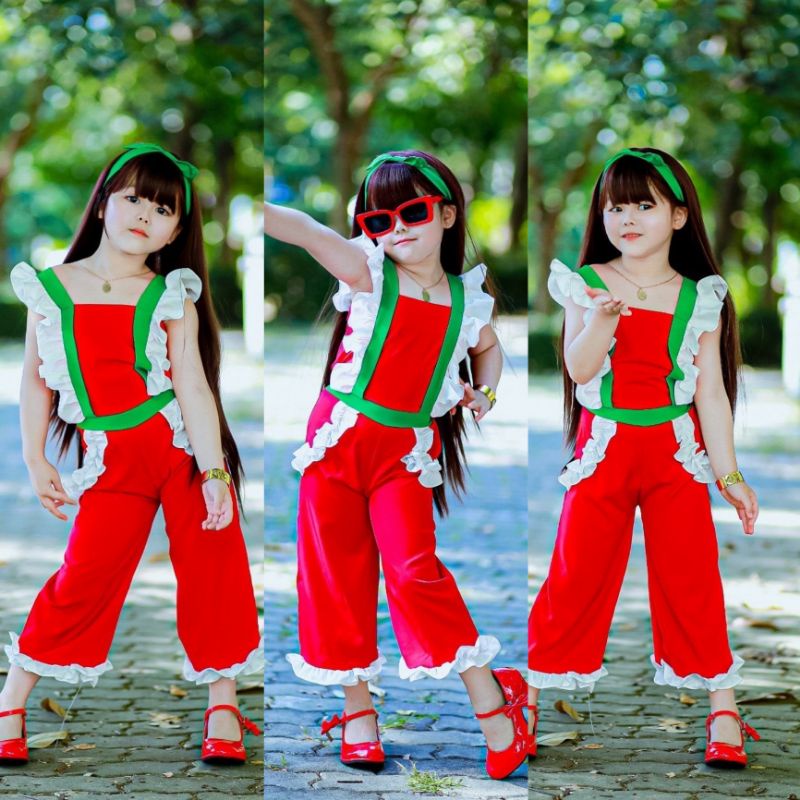 ชุดซานตี้ ชุดแฟชั่นคริสมาสต์เด็ก ชุดแซนตี้ ชุดคริสมาสต์เด็กผู้หญิง Jumpsuit ผ้าไหมอิตาลีจั้มสูทสม็อค