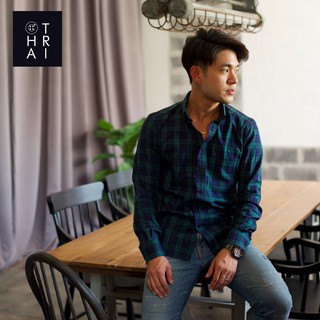 CHATRI [ชาตรี] - เสื้อเชิ้ตแขนยาวผ้าคอตตอน ลายสก๊อต สีน้ำเงิน-เขียว (Scott Long Sleeve Shirt - Blue-Green)