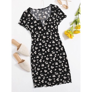 [SIS.SIE พร้อมส่ง] SHEIN เดรส รัดรูป คอเว้า ลายดอกเดซี่/ดอกลิลลี่