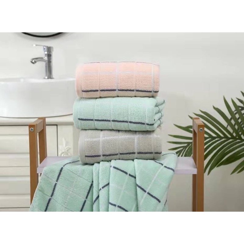 ผ้าเช็ดตัว Cotton 100% ลายผ้าแต่งแถบ ผ้าหนาเนื้อนุ่ม ซับน้ำดี M66